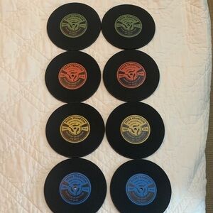 Peter Frampton brand new Black Round Vinyl Coasters with Colorful Label Accents